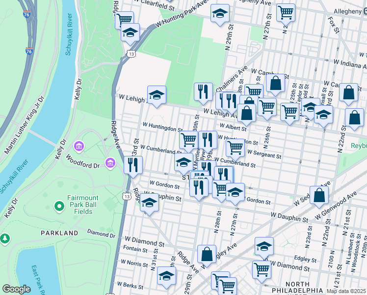 map of restaurants, bars, coffee shops, grocery stores, and more near 2516 North Corlies Street in Philadelphia