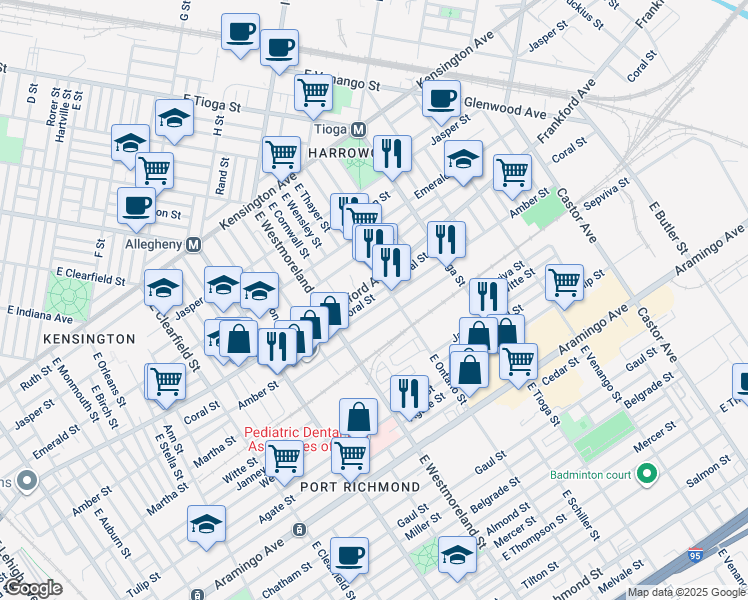 map of restaurants, bars, coffee shops, grocery stores, and more near 3369 Coral Street in Philadelphia
