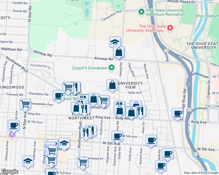 map of restaurants, bars, coffee shops, grocery stores, and more near 1109 Sells Avenue in Columbus