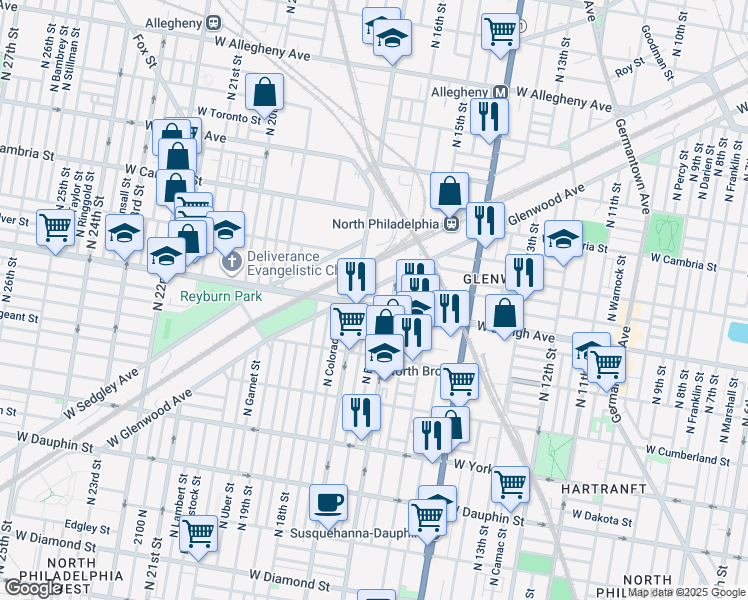 map of restaurants, bars, coffee shops, grocery stores, and more near 1623 West Lehigh Avenue in Philadelphia