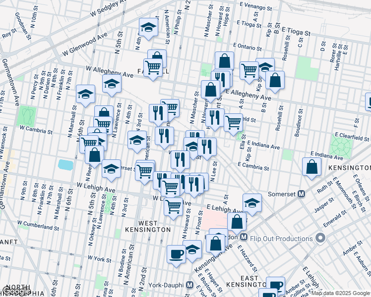 map of restaurants, bars, coffee shops, grocery stores, and more near 2911 North Mascher Street in Philadelphia