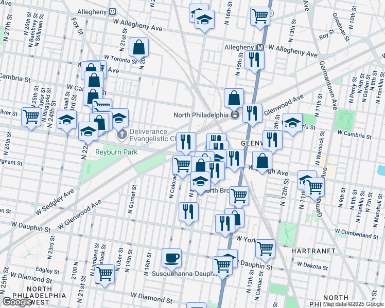 map of restaurants, bars, coffee shops, grocery stores, and more near 1633 West Lehigh Avenue in Philadelphia