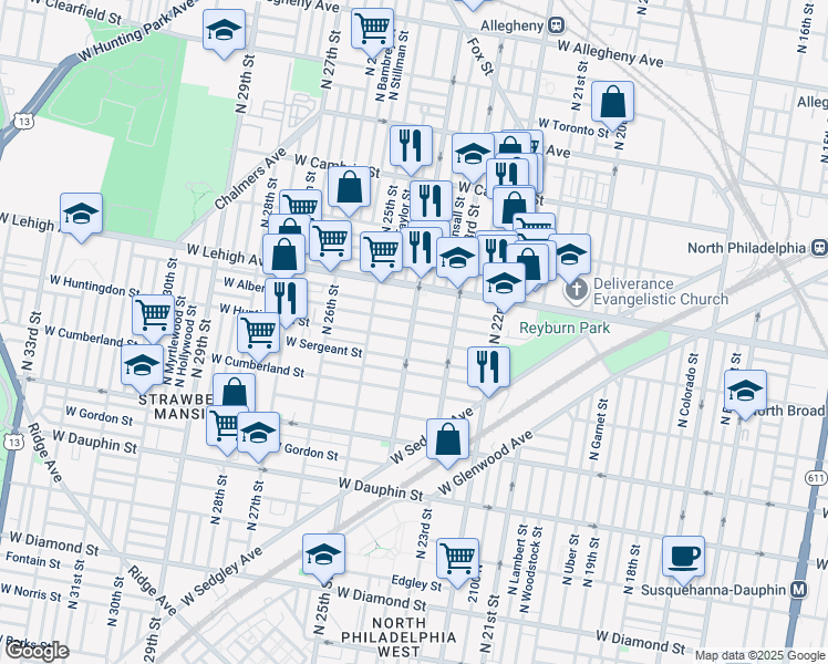 map of restaurants, bars, coffee shops, grocery stores, and more near 2609 North 24th Street in Philadelphia