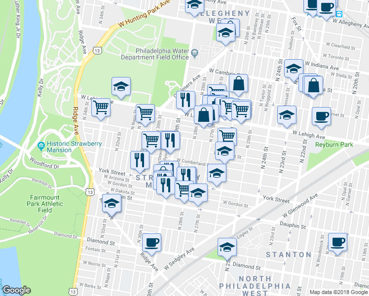 map of restaurants, bars, coffee shops, grocery stores, and more near 2540 North Newkirk Street in Philadelphia