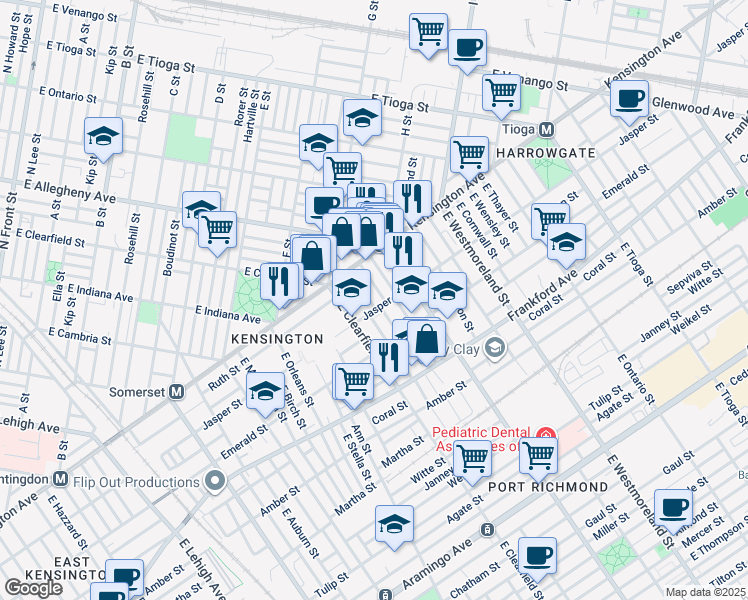 map of restaurants, bars, coffee shops, grocery stores, and more near 1861 East Clementine Street in Philadelphia