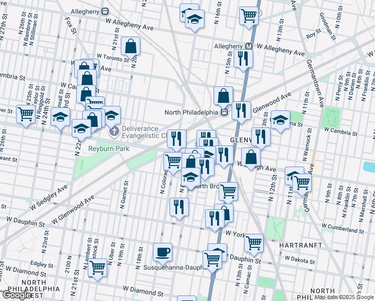map of restaurants, bars, coffee shops, grocery stores, and more near 1619 West Lehigh Avenue in Philadelphia