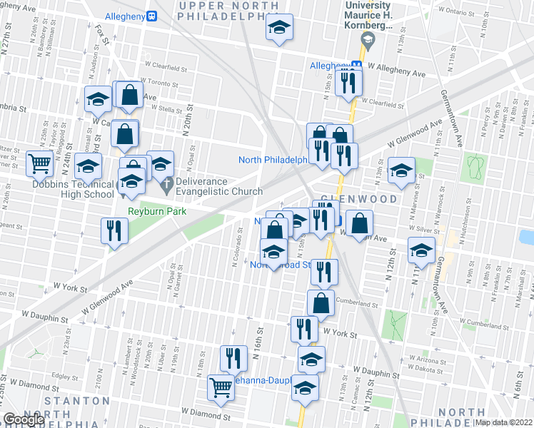 map of restaurants, bars, coffee shops, grocery stores, and more near 1623 West Lehigh Avenue in Philadelphia
