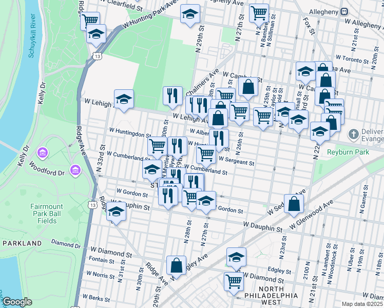 map of restaurants, bars, coffee shops, grocery stores, and more near 2540 North Newkirk Street in Philadelphia