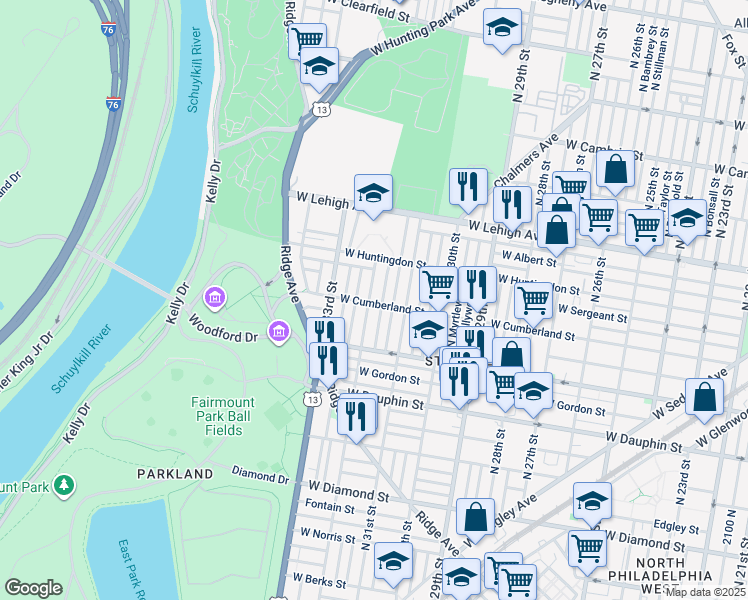 map of restaurants, bars, coffee shops, grocery stores, and more near 2503 North 32nd Street in Philadelphia