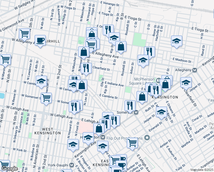 map of restaurants, bars, coffee shops, grocery stores, and more near 2953 Kip Street in Philadelphia