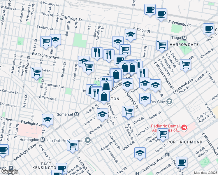 map of restaurants, bars, coffee shops, grocery stores, and more near 3055 Kensington Avenue in Philadelphia