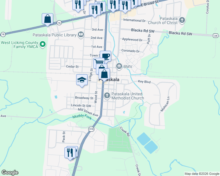 map of restaurants, bars, coffee shops, grocery stores, and more near 406 Jefferson Street in Pataskala