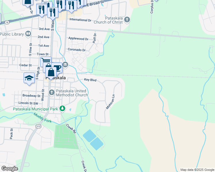 map of restaurants, bars, coffee shops, grocery stores, and more near 253 Key Boulevard in Pataskala