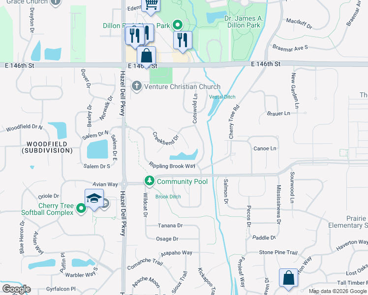 map of restaurants, bars, coffee shops, grocery stores, and more near 14350 Greenbelt Court in Carmel