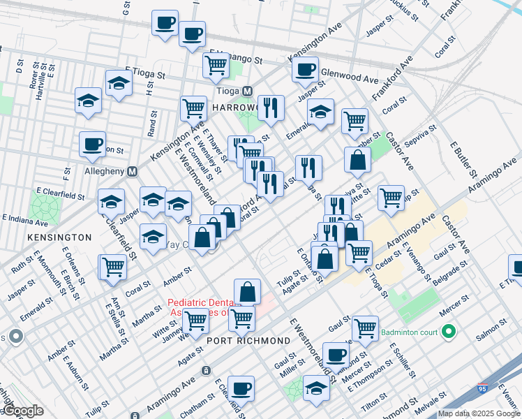 map of restaurants, bars, coffee shops, grocery stores, and more near 2110 East Ontario Street in Philadelphia
