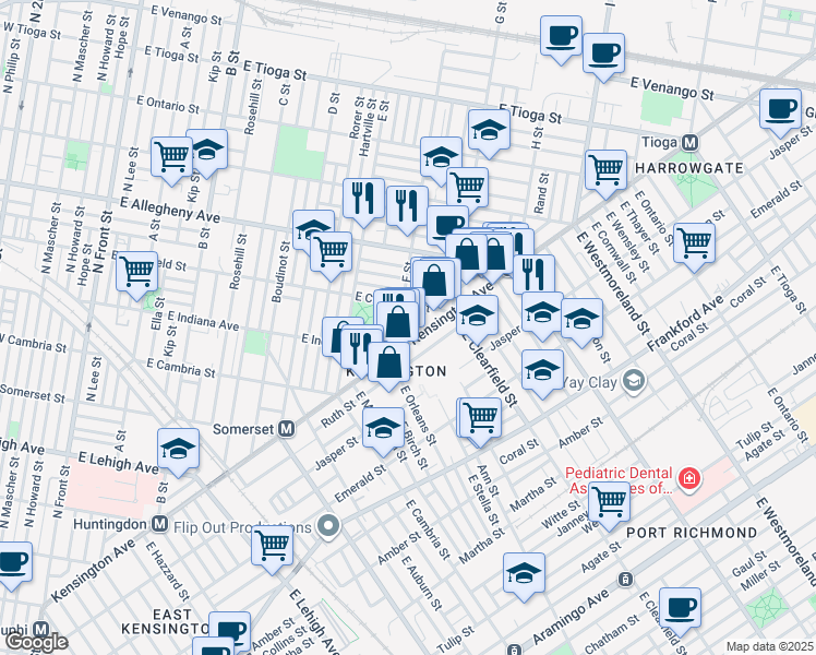 map of restaurants, bars, coffee shops, grocery stores, and more near 3055 Kensington Avenue in Philadelphia