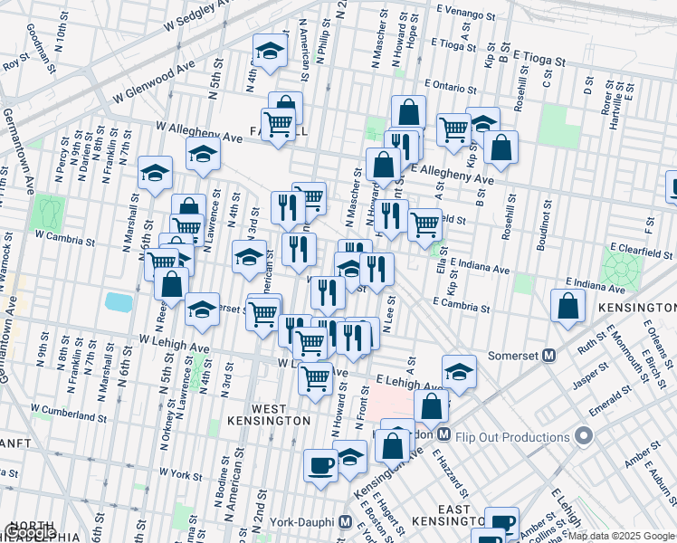 map of restaurants, bars, coffee shops, grocery stores, and more near 2911 North Mascher Street in Philadelphia