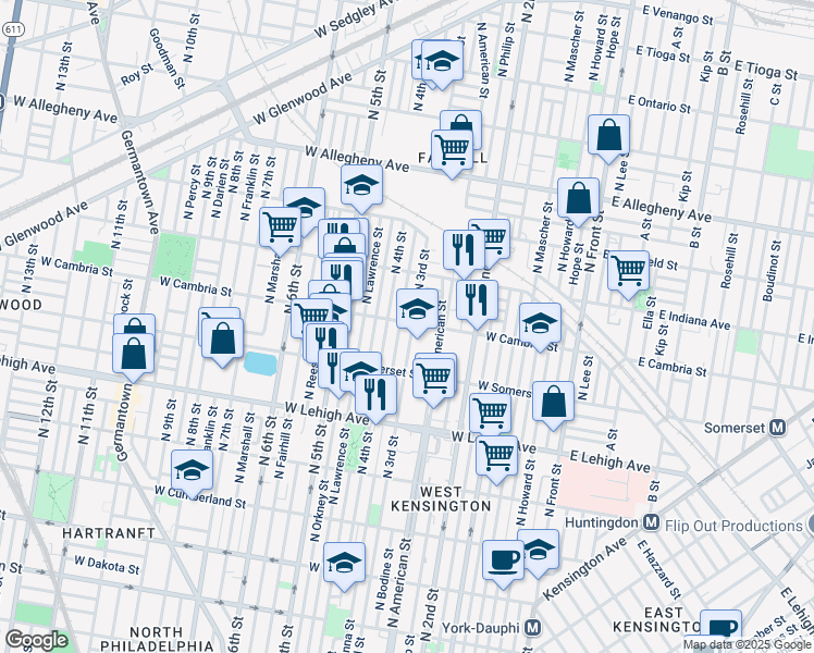 map of restaurants, bars, coffee shops, grocery stores, and more near 304 West Cambria Street in Philadelphia