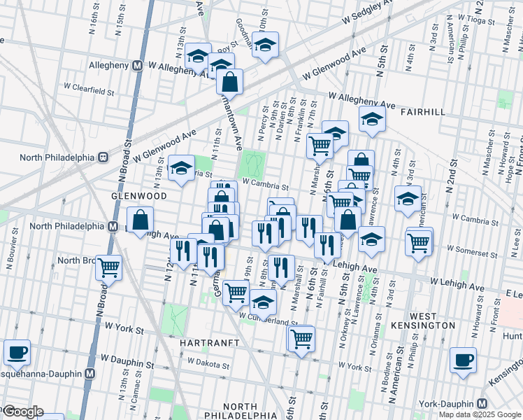 map of restaurants, bars, coffee shops, grocery stores, and more near 2801 North 9th Street in Philadelphia