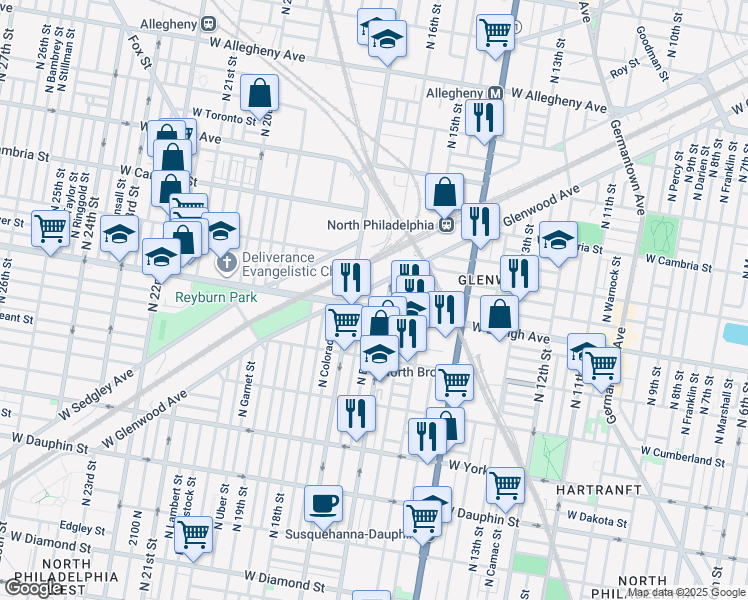 map of restaurants, bars, coffee shops, grocery stores, and more near 1617 West Lehigh Avenue in Philadelphia
