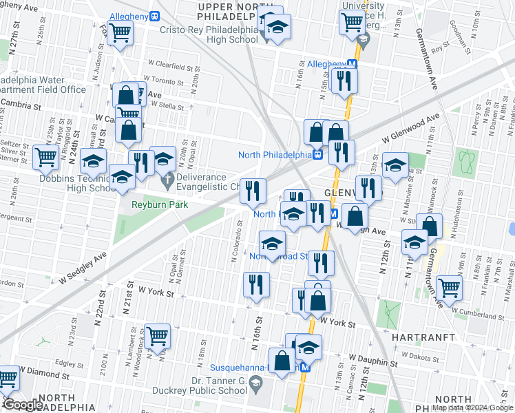 map of restaurants, bars, coffee shops, grocery stores, and more near 1630 West Lehigh Avenue in Philadelphia