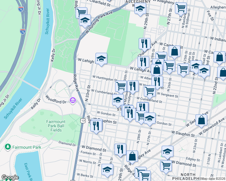 map of restaurants, bars, coffee shops, grocery stores, and more near 2506 North Corlies Street in Philadelphia