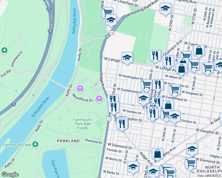 map of restaurants, bars, coffee shops, grocery stores, and more near 3310 West Cumberland Street in Philadelphia