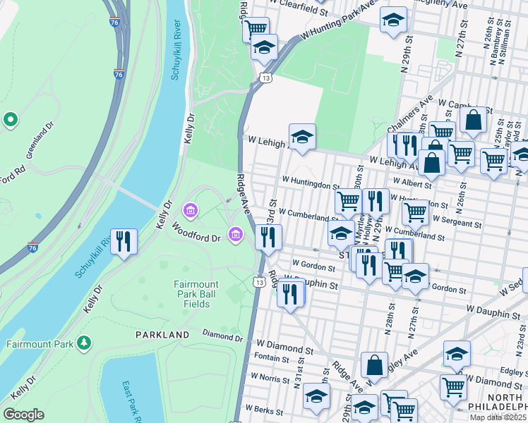 map of restaurants, bars, coffee shops, grocery stores, and more near 2444 North 33rd Street in Philadelphia
