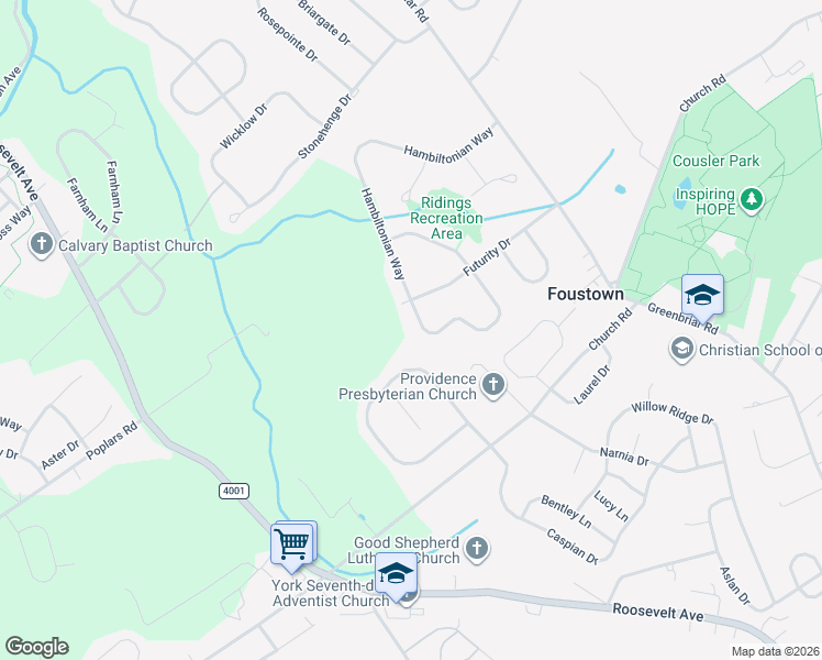 map of restaurants, bars, coffee shops, grocery stores, and more near 1435 Hambiltonian Way in York