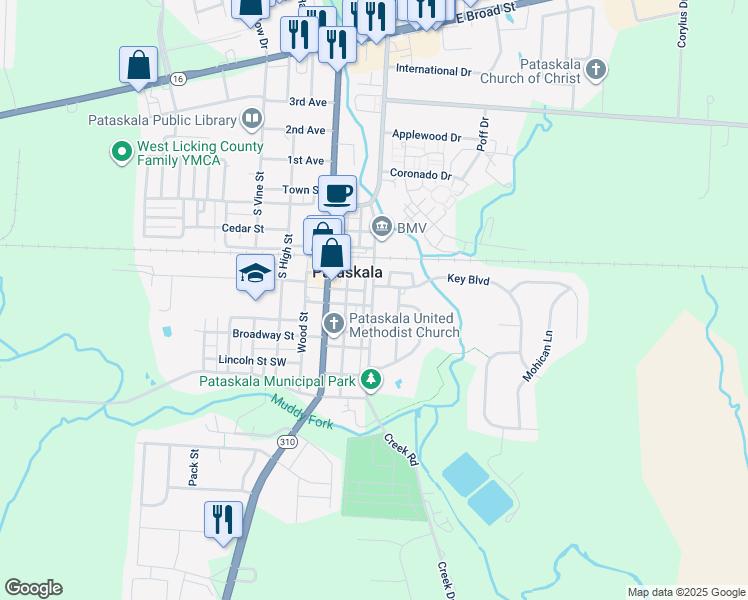 map of restaurants, bars, coffee shops, grocery stores, and more near 419 White Path Street in Pataskala