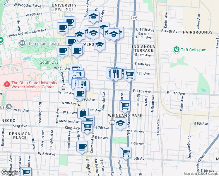 map of restaurants, bars, coffee shops, grocery stores, and more near in Columbus