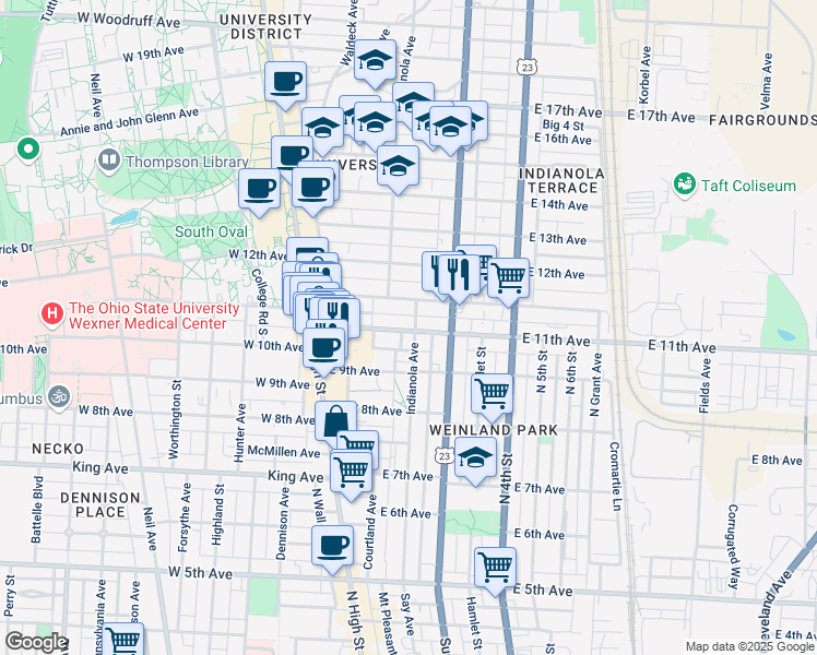 map of restaurants, bars, coffee shops, grocery stores, and more near in Columbus