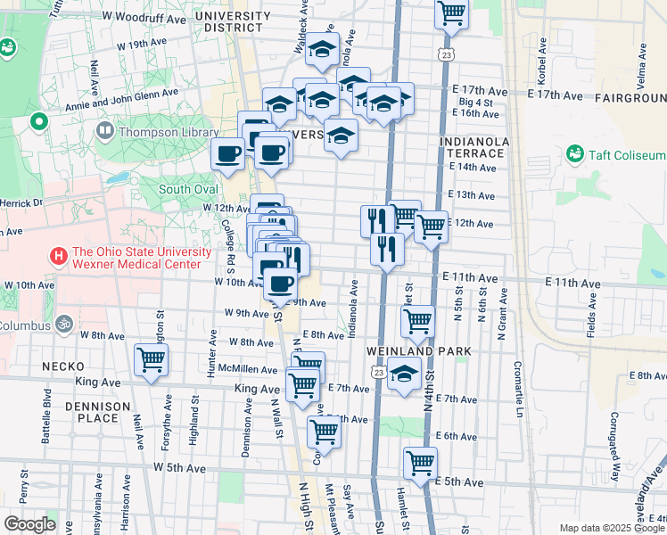 map of restaurants, bars, coffee shops, grocery stores, and more near 107 East 11th Avenue in Columbus