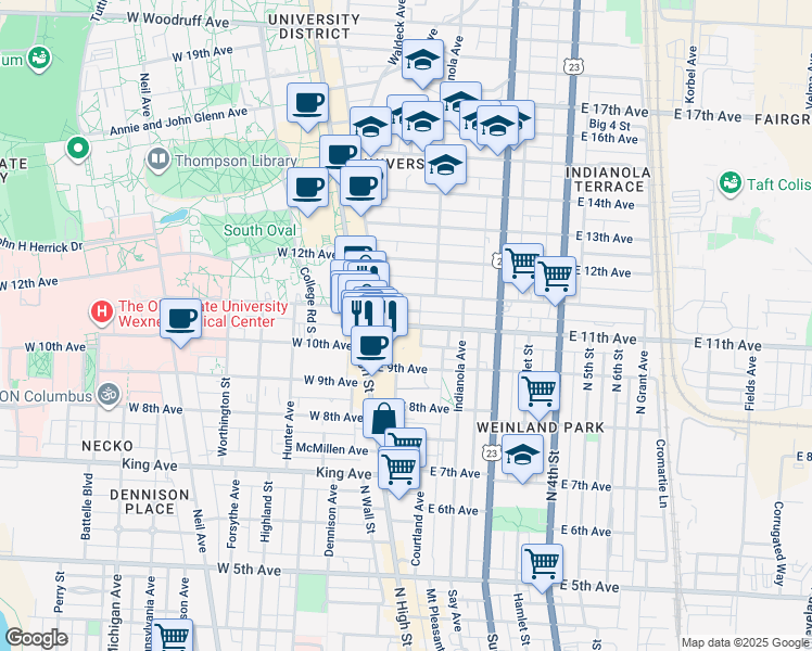 map of restaurants, bars, coffee shops, grocery stores, and more near 47 East 11th Avenue in Columbus