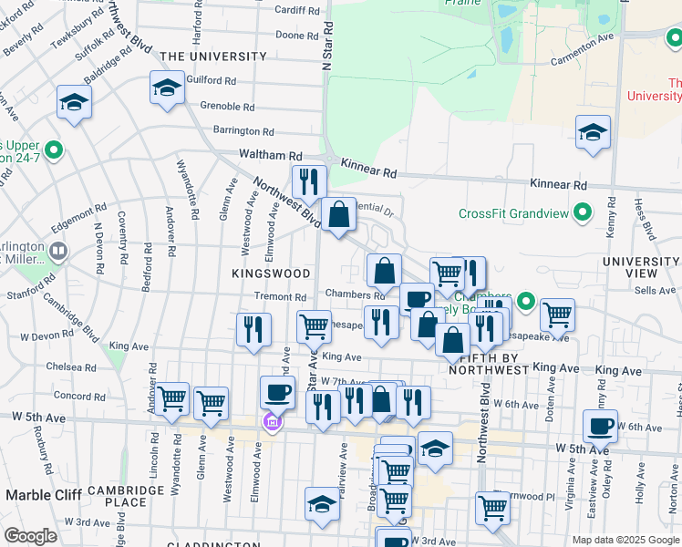 map of restaurants, bars, coffee shops, grocery stores, and more near 1795 Northwest Court in Columbus