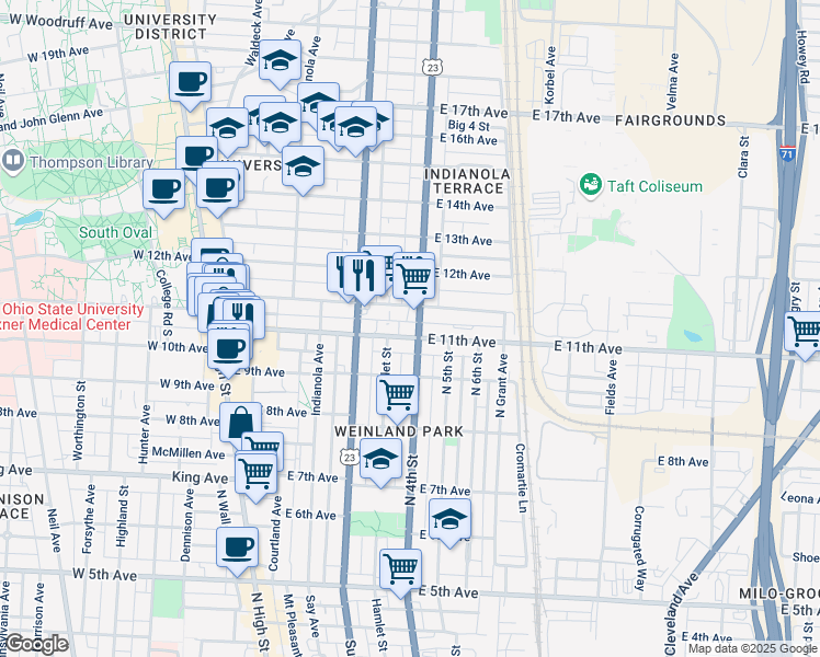 map of restaurants, bars, coffee shops, grocery stores, and more near 268 East 11th Avenue in Columbus