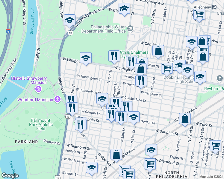 map of restaurants, bars, coffee shops, grocery stores, and more near 2527 North Myrtlewood Street in Philadelphia