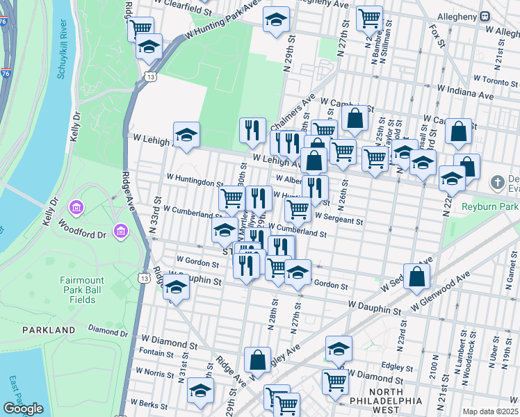 map of restaurants, bars, coffee shops, grocery stores, and more near 2530 North 29th Street in Philadelphia