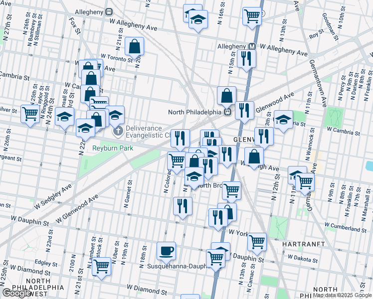 map of restaurants, bars, coffee shops, grocery stores, and more near 1633 West Lehigh Avenue in Philadelphia