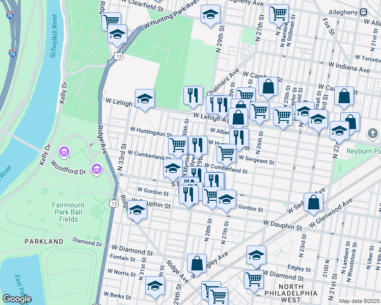 map of restaurants, bars, coffee shops, grocery stores, and more near 2527 North Myrtlewood Street in Philadelphia