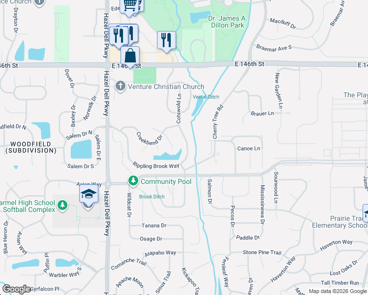 map of restaurants, bars, coffee shops, grocery stores, and more near 5380 Rippling Brook Way in Carmel