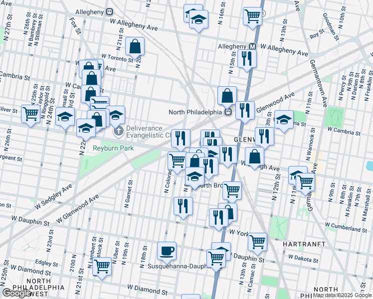 map of restaurants, bars, coffee shops, grocery stores, and more near 1635 West Lehigh Avenue in Philadelphia