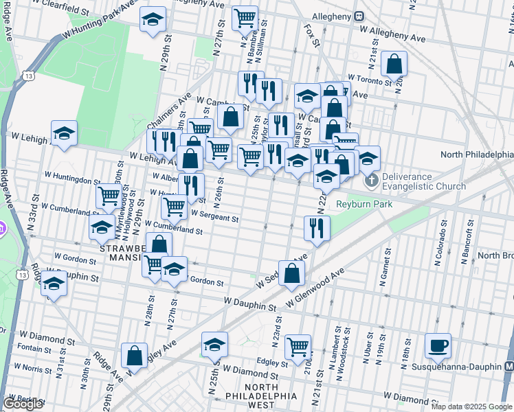 map of restaurants, bars, coffee shops, grocery stores, and more near 2421 West Huntingdon Street in Philadelphia