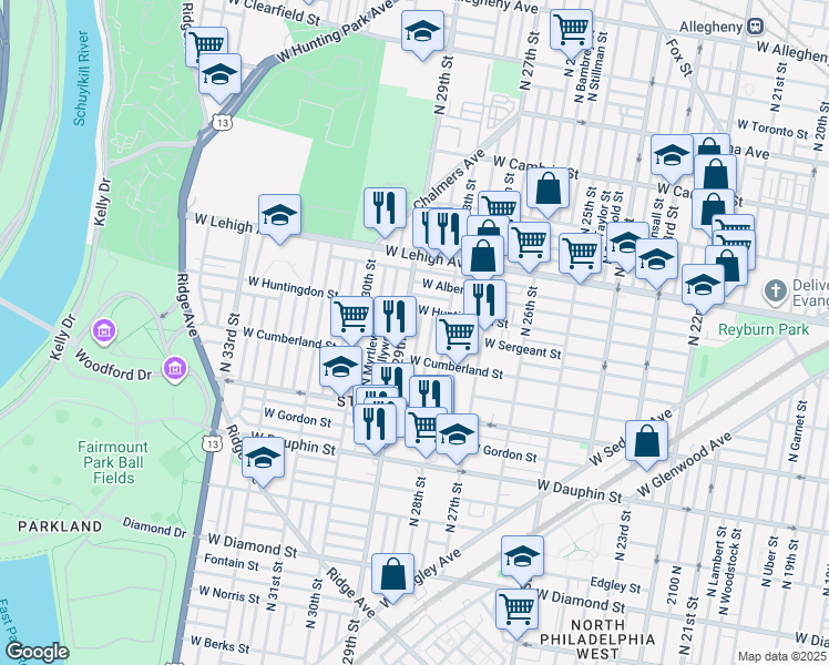 map of restaurants, bars, coffee shops, grocery stores, and more near 2538 North Dover Street in Philadelphia