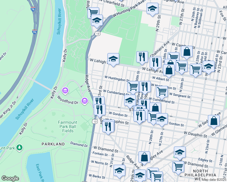 map of restaurants, bars, coffee shops, grocery stores, and more near 2505 North 32nd Street in Philadelphia