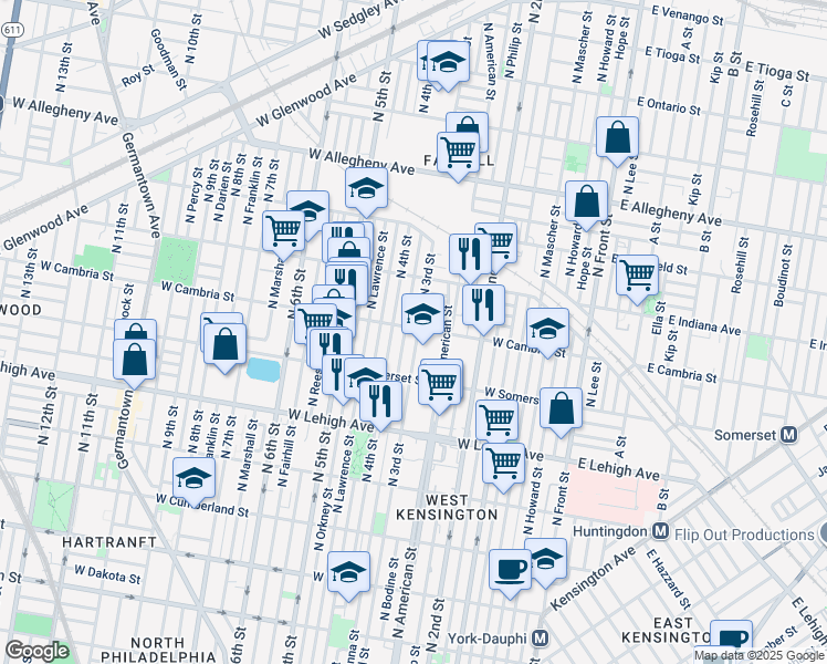 map of restaurants, bars, coffee shops, grocery stores, and more near 304 West Cambria Street in Philadelphia