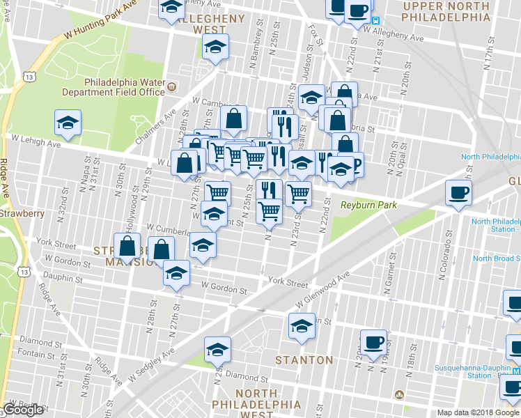 map of restaurants, bars, coffee shops, grocery stores, and more near 2421 West Huntingdon Street in Philadelphia