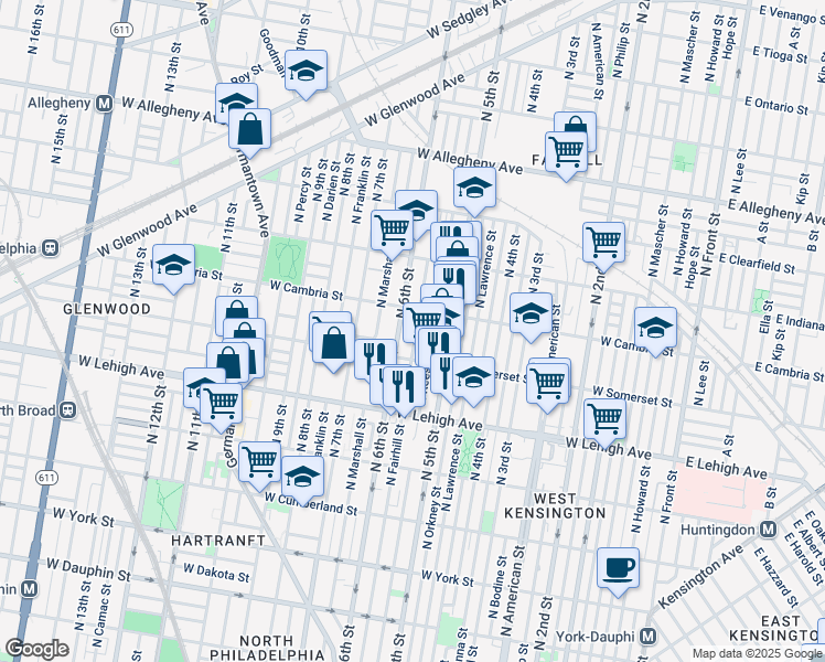 map of restaurants, bars, coffee shops, grocery stores, and more near 2842 North Fairhill Street in Philadelphia