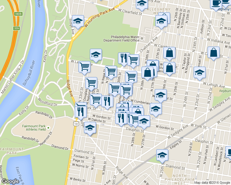 map of restaurants, bars, coffee shops, grocery stores, and more near 2522 N 30th St in Philadelphia