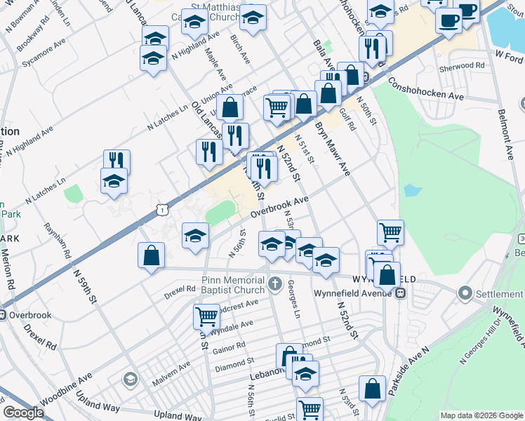 map of restaurants, bars, coffee shops, grocery stores, and more near N 54th St & Overbrook Ave in Philadelphia